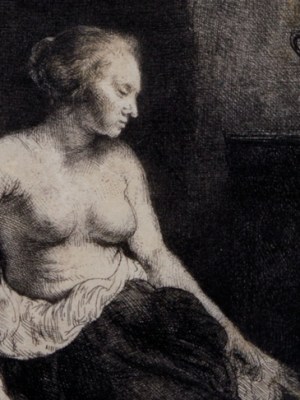 Woman sitting half-dressed beside a stove (detail) (1658), Rembrandt van Rijn. David Tunick Inc., price on application