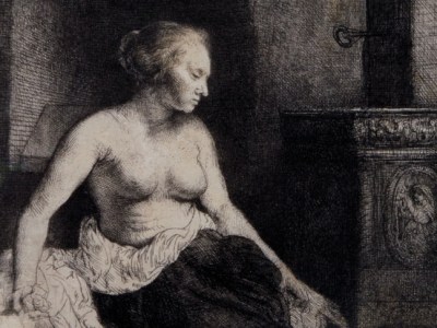 Woman sitting half-dressed beside a stove (detail) (1658), Rembrandt van Rijn. David Tunick Inc., price on application