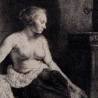 Woman sitting half-dressed beside a stove (detail) (1658), Rembrandt van Rijn. David Tunick Inc., price on application