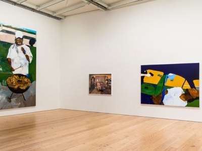 Installation view of The 4th (2012–17) and THE TIMES THAY AINT A CHANGING, FAST ENOUGH! (2017), by Henry Taylor, at the Whitney Biennial 2017. Collection of the artist; courtesy Blum & Poe, Los Angeles/New York/Tokyo | Collection of the artist; courtesy Rhona Hoffman Gallery, Chicago, and Sikkema Jenkins & Co., New York