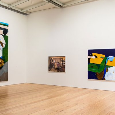 Installation view of The 4th (2012–17) and THE TIMES THAY AINT A CHANGING, FAST ENOUGH! (2017), by Henry Taylor, at the Whitney Biennial 2017. Collection of the artist; courtesy Blum & Poe, Los Angeles/New York/Tokyo | Collection of the artist; courtesy Rhona Hoffman Gallery, Chicago, and Sikkema Jenkins & Co., New York