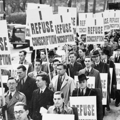 A march of 2,000 anti-conscription protesters in London,1939. © IWM