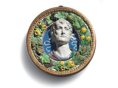A polychrome glazed terracotta bust of a laureate in a frame of fruit, vegetables and pine cones (c. 1487–94), Andrea della Robbia