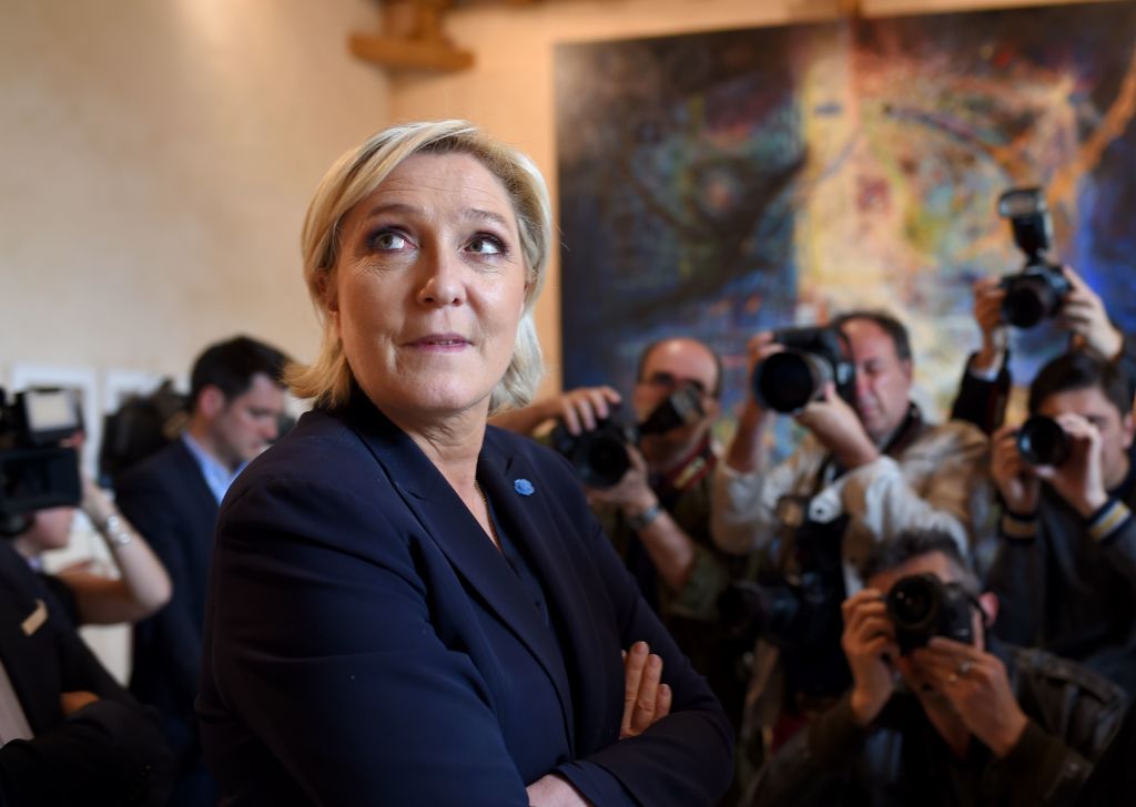 French presidential election candidate of the far-right Front National (FN) party Marine Le Pen visits a private museum in the castle of Jaunay-Clan on 3 April, 2017. GUILLAUME SOUVANT/AFP/Getty Images