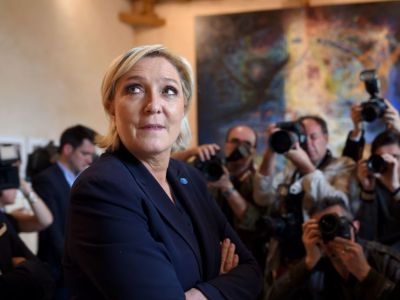 French presidential election candidate of the far-right Front National (FN) party Marine Le Pen visits a private museum in the castle of Jaunay-Clan on 3 April, 2017. GUILLAUME SOUVANT/AFP/Getty Images