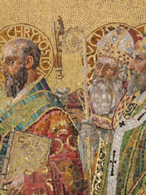 Fathers of the Church (panel; c. 1892), designed by Joseph Lauber, produced by Tiffany Glass and Decorating Company. ©The Neustadt Collection of Tiffany Glass, Queens, New York