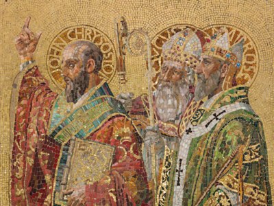 Fathers of the Church (panel; c. 1892), designed by Joseph Lauber, produced by Tiffany Glass and Decorating Company. ©The Neustadt Collection of Tiffany Glass, Queens, New York