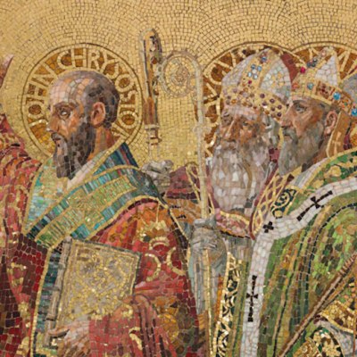 Fathers of the Church (panel; c. 1892), designed by Joseph Lauber, produced by Tiffany Glass and Decorating Company. ©The Neustadt Collection of Tiffany Glass, Queens, New York