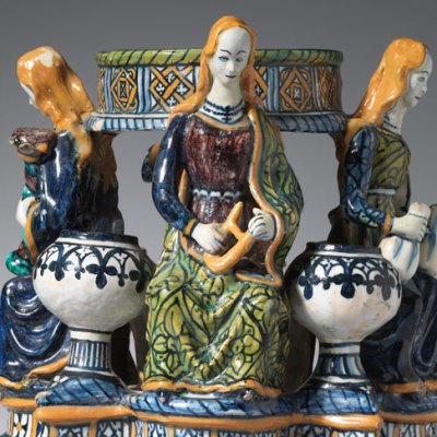 Inkstand with figures of the Virtues (c. 1480–90), probably Faenza. Courtesy Sam Fogg
