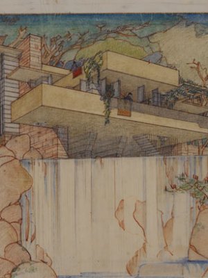 Perspective from the south of Fallingwater (Kaufmann House), Mill Run, Pennsylvania (1934–37), Frank Lloyd Wright. The Frank Lloyd Wright Foundation Archives, New York. © 2017 Frank Lloyd Wright Foundation/Artists Rights Society (ARS), New York