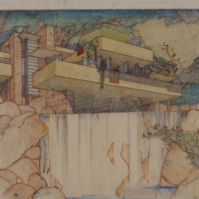 Perspective from the south of Fallingwater (Kaufmann House), Mill Run, Pennsylvania (1934–37), Frank Lloyd Wright. The Frank Lloyd Wright Foundation Archives, New York. © 2017 Frank Lloyd Wright Foundation/Artists Rights Society (ARS), New York