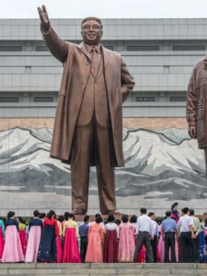 The Mansudae Grand Monument, huge statues of Kim Il-sung and Kim Jong-il in Pyongyang, North Korea. Photo by Carl Court/Getty Images