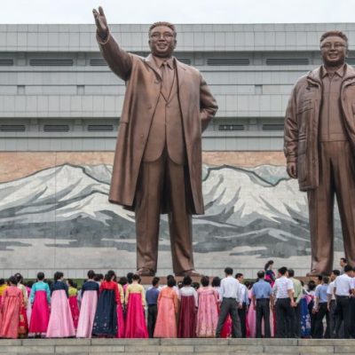The Mansudae Grand Monument, huge statues of Kim Il-sung and Kim Jong-il in Pyongyang, North Korea. Photo by Carl Court/Getty Images