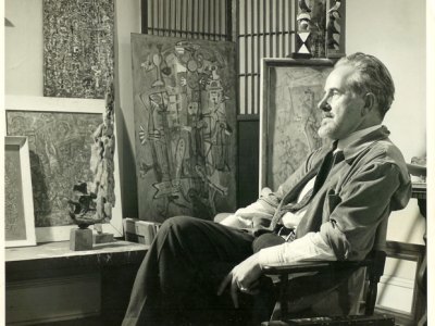 Mark Tobey in his studio (1949). Courtesy Arthur Lyon Dahl. Photo by Larry Novak