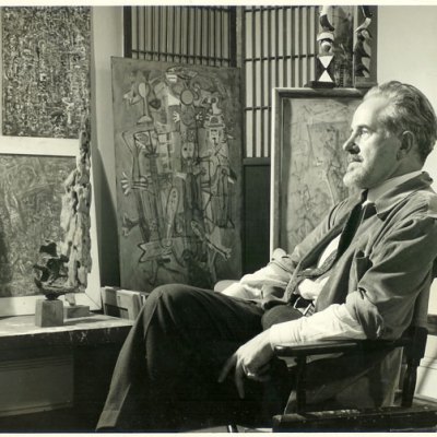 Mark Tobey in his studio (1949). Courtesy Arthur Lyon Dahl. Photo by Larry Novak