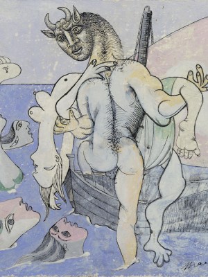 Minotaure dans une barque sauvant une femme (1937), Pablo Picasso. Private collection. Photo: Eric Baudouin; Courtesy Gagosian; © 2017 Estate of Pablo Picasso / Artists Rights Society (ARS), New York