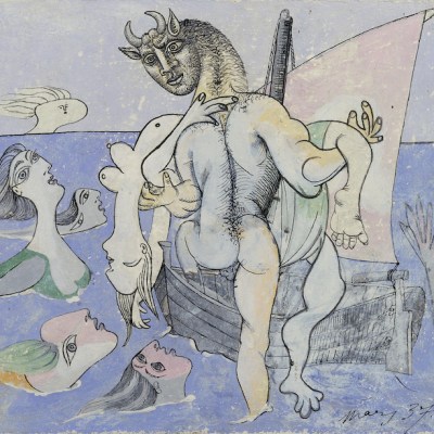 Minotaure dans une barque sauvant une femme (1937), Pablo Picasso. Private collection. Photo: Eric Baudouin; Courtesy Gagosian; © 2017 Estate of Pablo Picasso / Artists Rights Society (ARS), New York