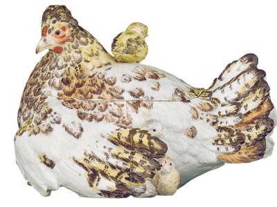 A 'Hen and Chickens' tureen and cover (illustrated) with stand, c. 1755–56, width 35.5cm (tureen). Christie's London, £223,650