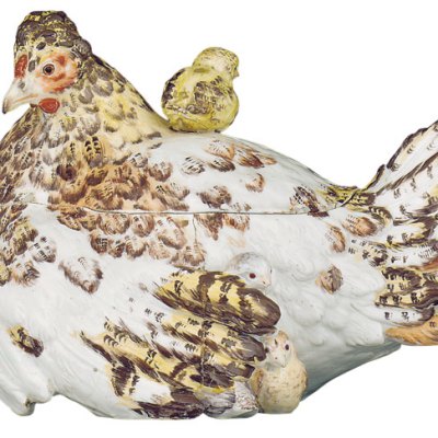 A 'Hen and Chickens' tureen and cover (illustrated) with stand, c. 1755–56, width 35.5cm (tureen). Christie's London, £223,650
