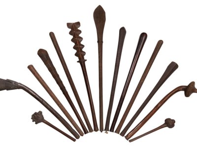 Club group (18th–early 19th century), Tonga, Fiji or Samoa, Polynesia. Michael Evans Tribal Art. Photo: Stephen Petegorsky