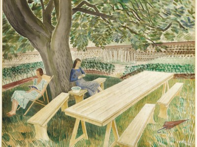 Two Women Sitting in a Garden (showing Charlotte Epton and Tirzah Garwood in the Brick House garden) (1932), Eric Ravilious. Fry Art Gallery, Saffron Walden