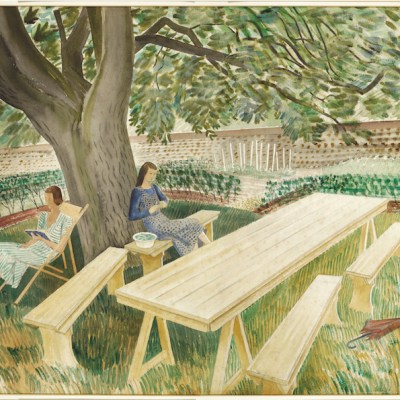 Two Women Sitting in a Garden (showing Charlotte Epton and Tirzah Garwood in the Brick House garden) (1932), Eric Ravilious. Fry Art Gallery, Saffron Walden