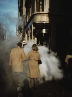 Camel Coat Couple in Street Steam, New York City, 1975, Joel Meyerowitz. Courtesy of the artist and Howard Greenberg Gallery.