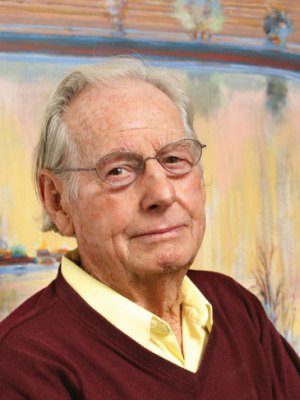 Wayne Thiebaud, photographed in front of Fields and Furrows (2002), in 2013. Photo: Sacramento State/Mary Weikert