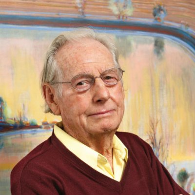 Wayne Thiebaud, photographed in front of Fields and Furrows (2002), in 2013. Photo: Sacramento State/Mary Weikert