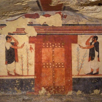 Frescoes in the Tomb of the Augurs, Necropolis of Monterozzi, Tarquinia. Courtesy Mibact. Soprintendenza Archeologia, Belle Arti e Paesaggio per l'Area Metropolitana di Roma, la Provincia di Viterbo e l'Etruria Meridionale