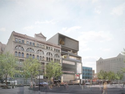 Exterior vew from 125th Street Plaza. Courtesy Adjaye Associates and Studio Museum, Harlem