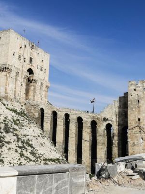 The double entrance gateway to the Aleppo Citadel, largely the work of the late 12th century Ayyubid rulers of Aleppo (pictured here on 9 March, 2017) has largely survived the conflict with only minor damage. Photo: JOSEPH EID/AFP/Getty Images