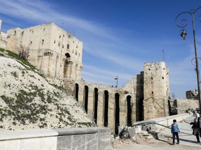 The double entrance gateway to the Aleppo Citadel, largely the work of the late 12th century Ayyubid rulers of Aleppo (pictured here on 9 March, 2017) has largely survived the conflict with only minor damage. Photo: JOSEPH EID/AFP/Getty Images