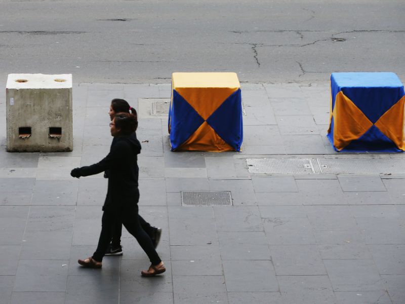 Artwork on concrete blocks acting as bollards on 4 July, 2017 in Melbourne, Australia. Photo: Michael Dodge/Getty Images