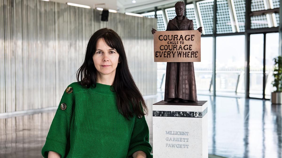 Artist Gillian Wearing with a model of her statue of Millicent Fawcett. Photograph: Caroline Teo/GLA/PA