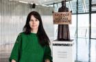 Artist Gillian Wearing with a model of her statue of Millicent Fawcett. Photograph: Caroline Teo/GLA/PA