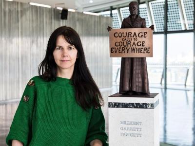 Artist Gillian Wearing with a model of her statue of Millicent Fawcett. Photograph: Caroline Teo/GLA/PA