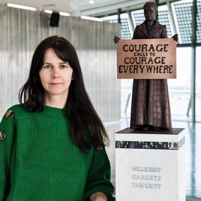 Artist Gillian Wearing with a model of her statue of Millicent Fawcett. Photograph: Caroline Teo/GLA/PA