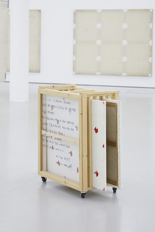 Installation view of, in the foreground, Special Offer Set (2011–15); in the background, Untitled (1990), at Spike Island, 2017, Photo: Stuart Whipps/Spike Island; courtesy the artist and Kukje Gallery