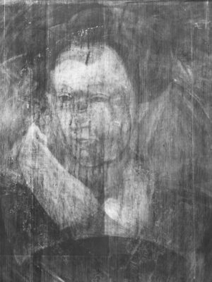 Detail of an X-ray showing the portrait of a woman believed to be Mary, Queen of Scots, underneath Adrian Vanson's portrait of Sir John Maitland.