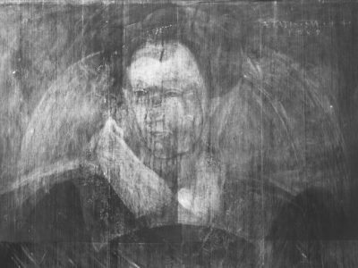 Detail of an X-ray showing the portrait of a woman believed to be Mary, Queen of Scots, underneath Adrian Vanson's portrait of Sir John Maitland.