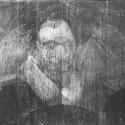 Detail of an X-ray showing the portrait of a woman believed to be Mary, Queen of Scots, underneath Adrian Vanson's portrait of Sir John Maitland.