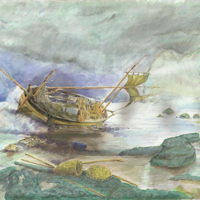 Untitled (Shipwrecked Boat) (2016), Djamel Ameziane. On view in ‘Ode to the Sea’ at President’s Gallery, John Jay College of Criminal Justice, New York. Courtesy the artist and John Jay College