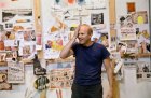 James Rosenquist in his studio with source materials, 1966