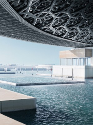 View from the Louvre Abu Dhabi, designed by Ateliers Jean Nouvel and completed in 2017, photo: Mohamed Somji; © Louvre Abu Dhabi