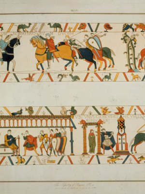 A scene from the Bayeux Tapestry, in which William the Conqueror rescues the future King Harold II from captivity in France and betrothes his daughter Aelfgifu to him.