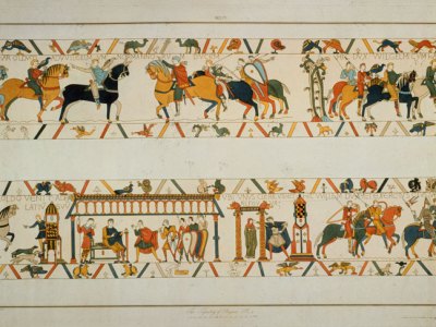 A scene from the Bayeux Tapestry, in which William the Conqueror rescues the future King Harold II from captivity in France and betrothes his daughter Aelfgifu to him.