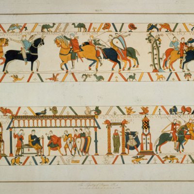 A scene from the Bayeux Tapestry, in which William the Conqueror rescues the future King Harold II from captivity in France and betrothes his daughter Aelfgifu to him.