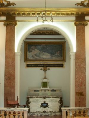 Our Lady of Sorrows, view of the interior looking towards the main altar, with the painting of Christ taken down from the Cross now attributed to Pietra Testa above, Reproduced by permission of the Provost and Fellows of Eton College
