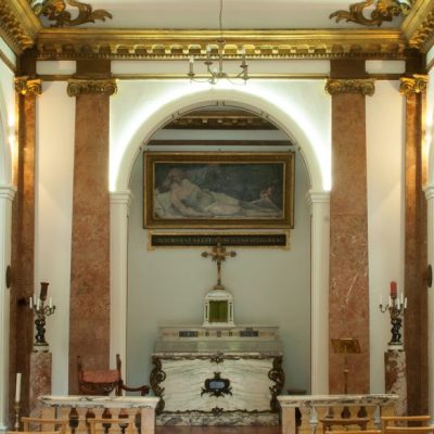 Our Lady of Sorrows, view of the interior looking towards the main altar, with the painting of Christ taken down from the Cross now attributed to Pietra Testa above, Reproduced by permission of the Provost and Fellows of Eton College